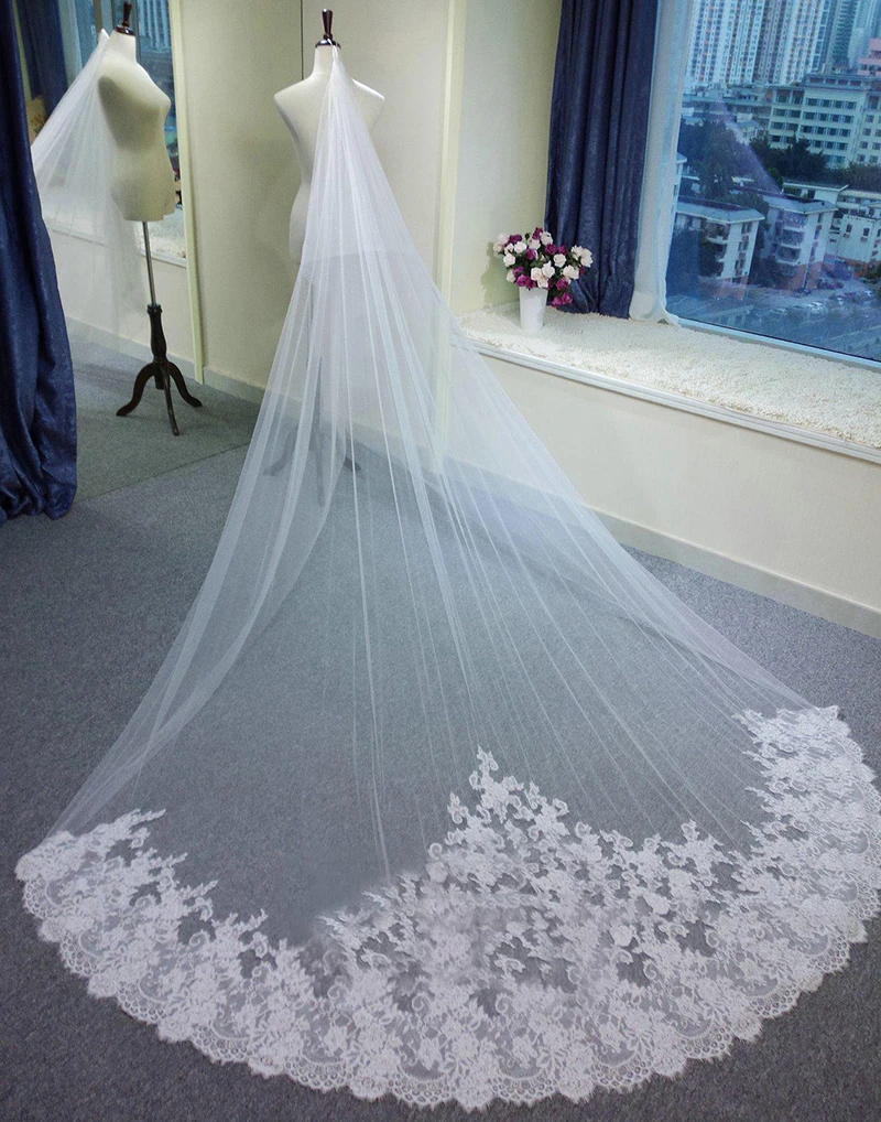 Свадебная фата цвета слоновой кости Длинная свадебная с кружевной каймой и