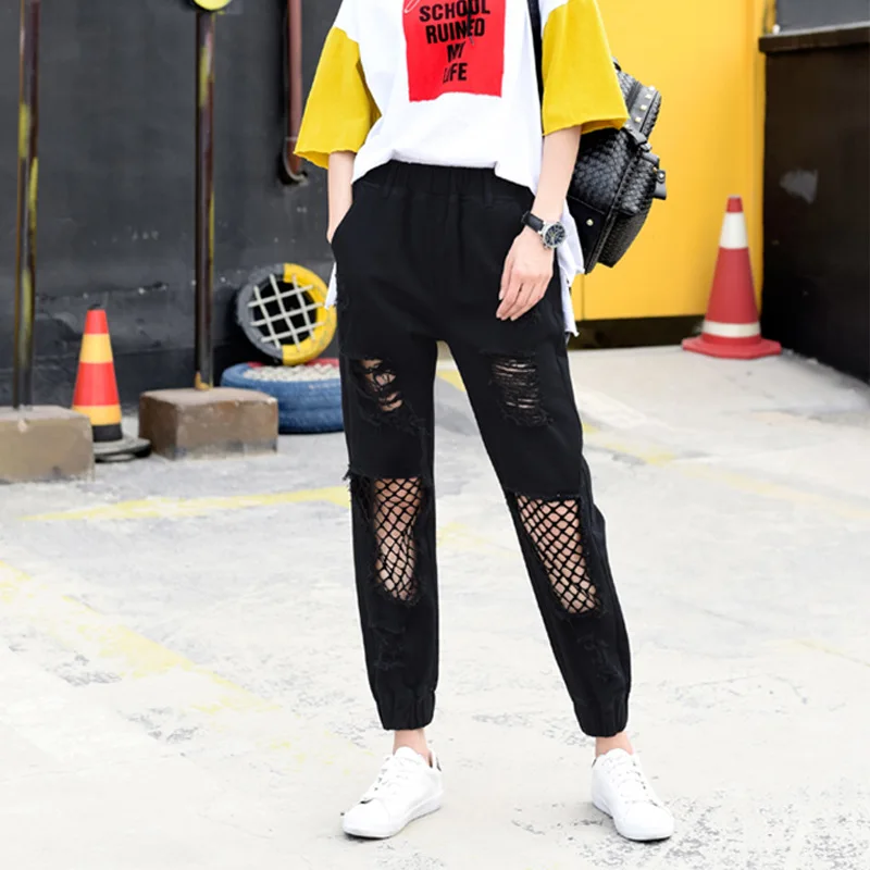 рваные джинсы для женщин чёрные Сачок Жан брюки свободные женские Рваные 3Xl