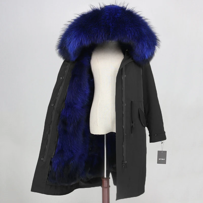 black blue OFTBUY X-long Parka, водонепроницаемая верхняя одежда, зимняя куртка для женщин, натуральный мех енота, капюшон, подкладка из лисьего меха, Съемный натуральный мех - Цвет: black blue