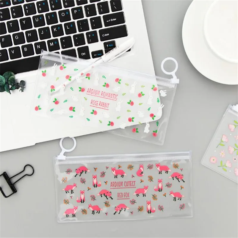 PVC Transparent Pencil Bags Mysterious Small Flowers Animals Waterproof Stationery Storage Office School Supplies Pencil Case