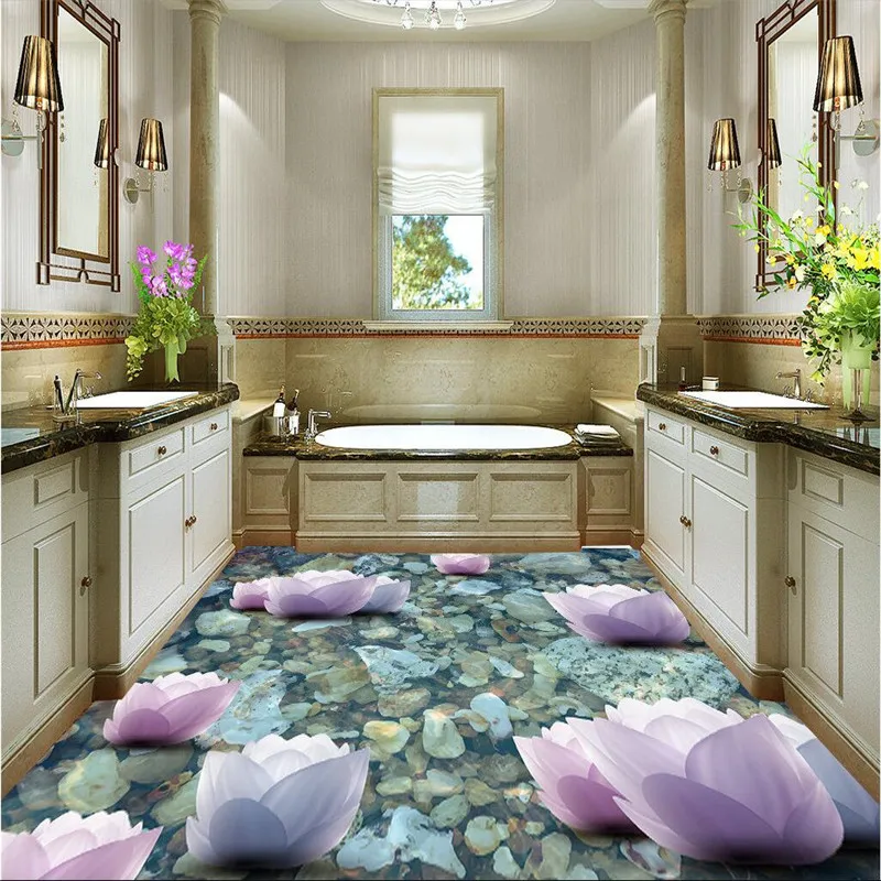 Современные пол живопись HD розовый Лотос речной камень Водонепроницаемый Ванная