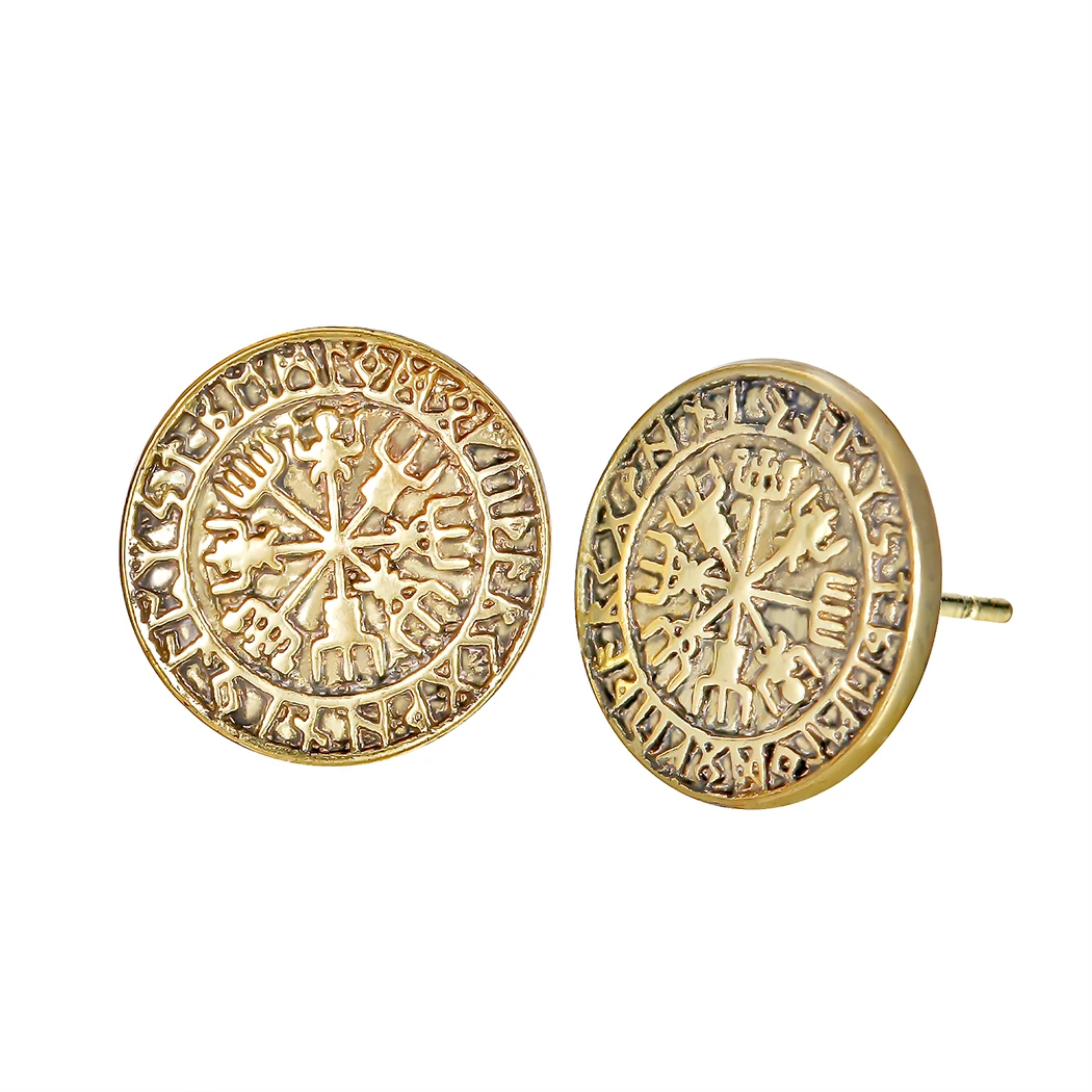Todorova Viking исландский Vegvisir шлем ужас в руническом круге серьги-гвоздики волшебный компас с кольями Рунический амулет мужские серьги - Окраска металла: Покрытие антикварным золотом