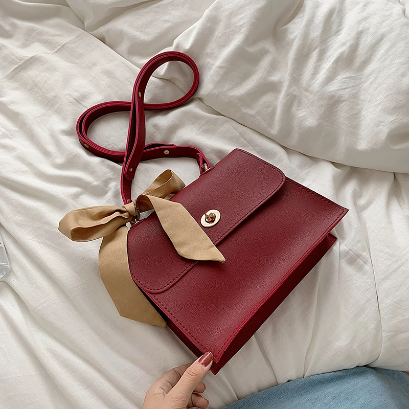 Fuchsia Elegant Female Ribbon Bow Flap Square bag New Quality PU Leather Women's Designer Handbag Travel Shoulder Messenger Bag - Color: Fuchsia