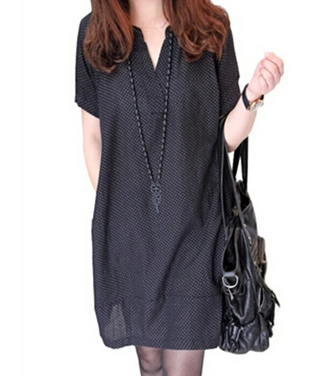 Женское Хлопковое платье с V-образным вырезом коротким рукавом и карманами |