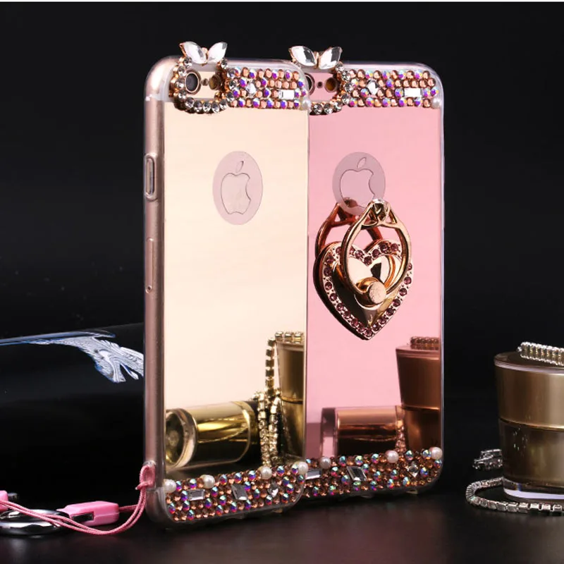 For iPhone 11 Pro XS Max XR X 8 7 6 6s Plus 5 5S SE Diamond Glitter Peacock Heart Finger Ring Holder Mirror Cover |