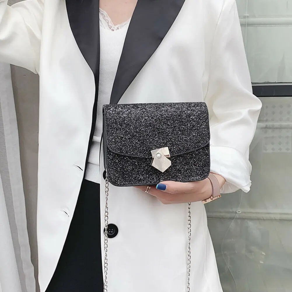 Сумка мессенджер с блестками и цепочкой белая/черная летняя 2019|Сумки ручками| |