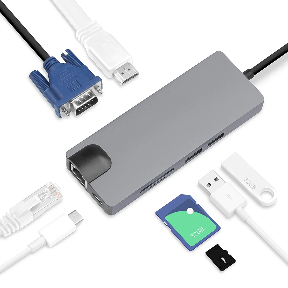 USB концентратор на 3 0 HDMI совместимый слот для SD TF Type C зарядный порт VGA Lan RJ45