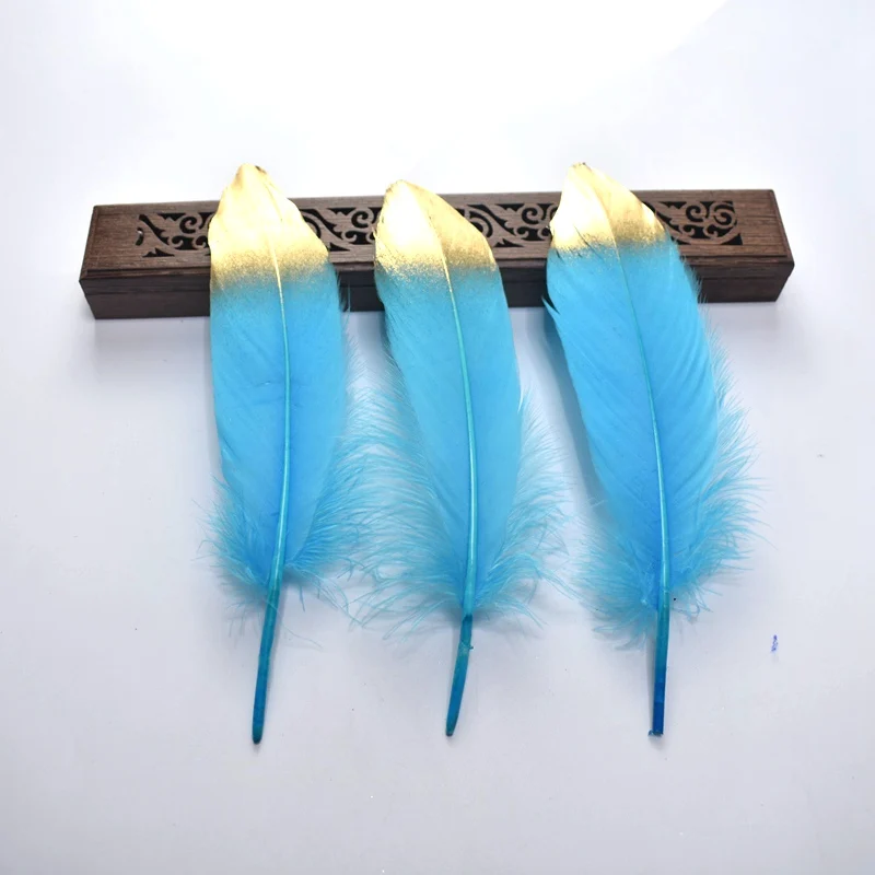 Lake blue gold 10 шт./лот, Золотое гусиное перо для рукоделия, изготовление ювелирных изделий, 15-20 см, сделай сам, натуральные перья, материалы, головной убор, свадебное украшение - Цвет: Lake blue gold