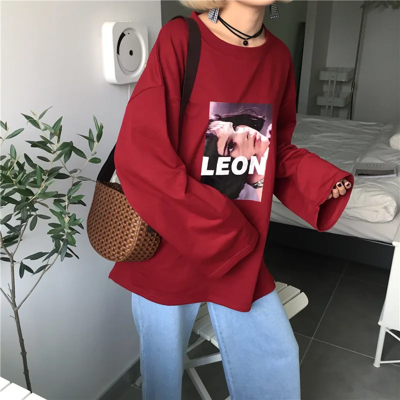 Женская рубашка Топ весна корейский Ulzzang Harajuku с принтом персонажей летучей мыши с длинным рукавом Женская Повседневная футболка с круглым вырезом