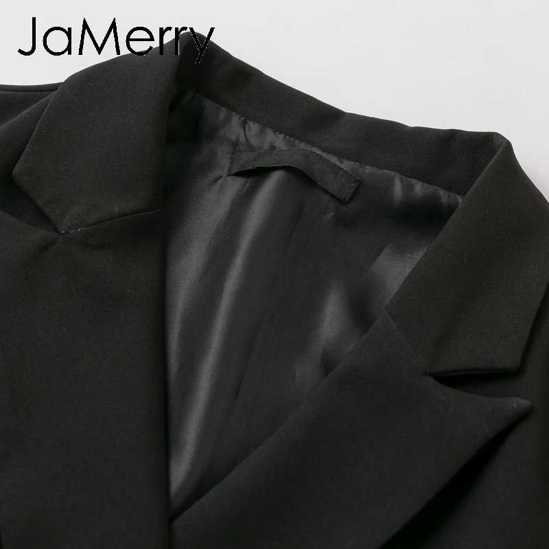 JaMerry винтажное двубортное женское платье с рюшами, офисный стиль, повседневный Блейзер, черное платье, Осень-зима, тонкая рабочая одежда, платья