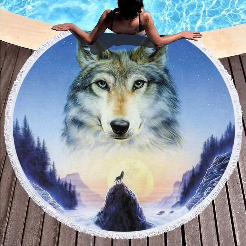 

Wolf Printed Round Beach Towels Microfiber Made Sea Life Style Beach Towel with Tassle Around Picnic Mat blue Yoga Mat