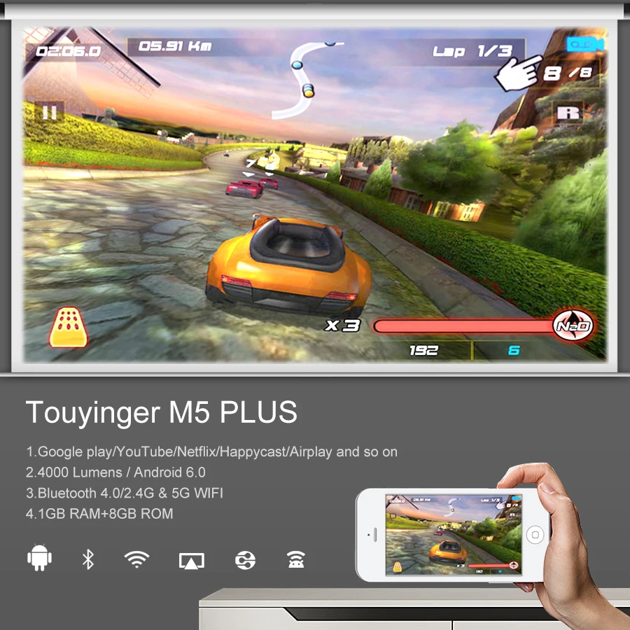 Светодиодный проектор Touyinger M5 Full HD видео 4000 люмен 1280*720P (Android Bluetooth 5G WiFi 4K