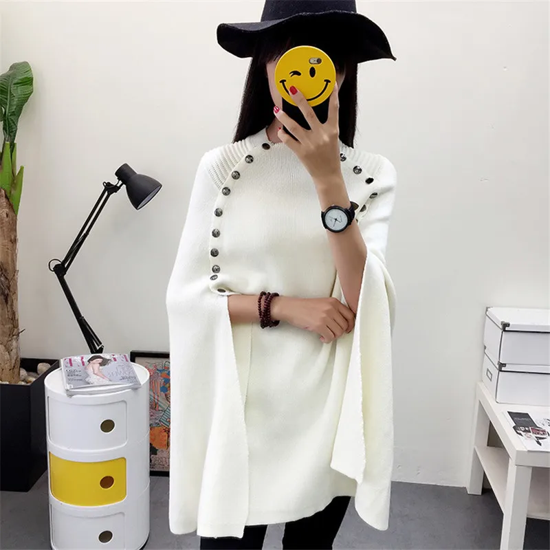 Женский длинный вязаный шерстяной свитер белый или черный свободный пончо и