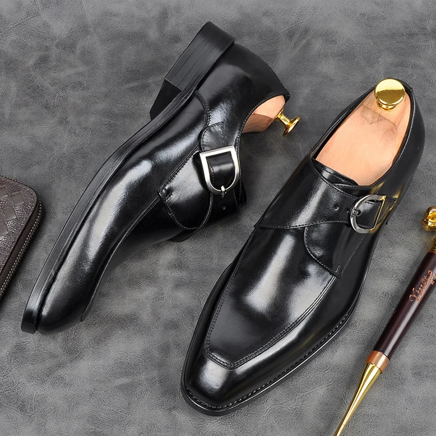 

High Quality Formal Dress Men's Handmade Monk Strap Shoes Genuine Leather Square Toe Goodyear Wedding Party Footwear AM203