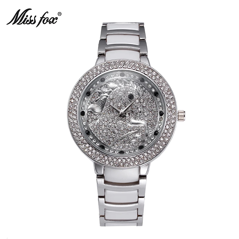 MissFox Единорог кварцевые часы золотые женские часы люксовый бренд Uhr Фантастическая Мода Акция полный горный хрусталь белые керамические часы