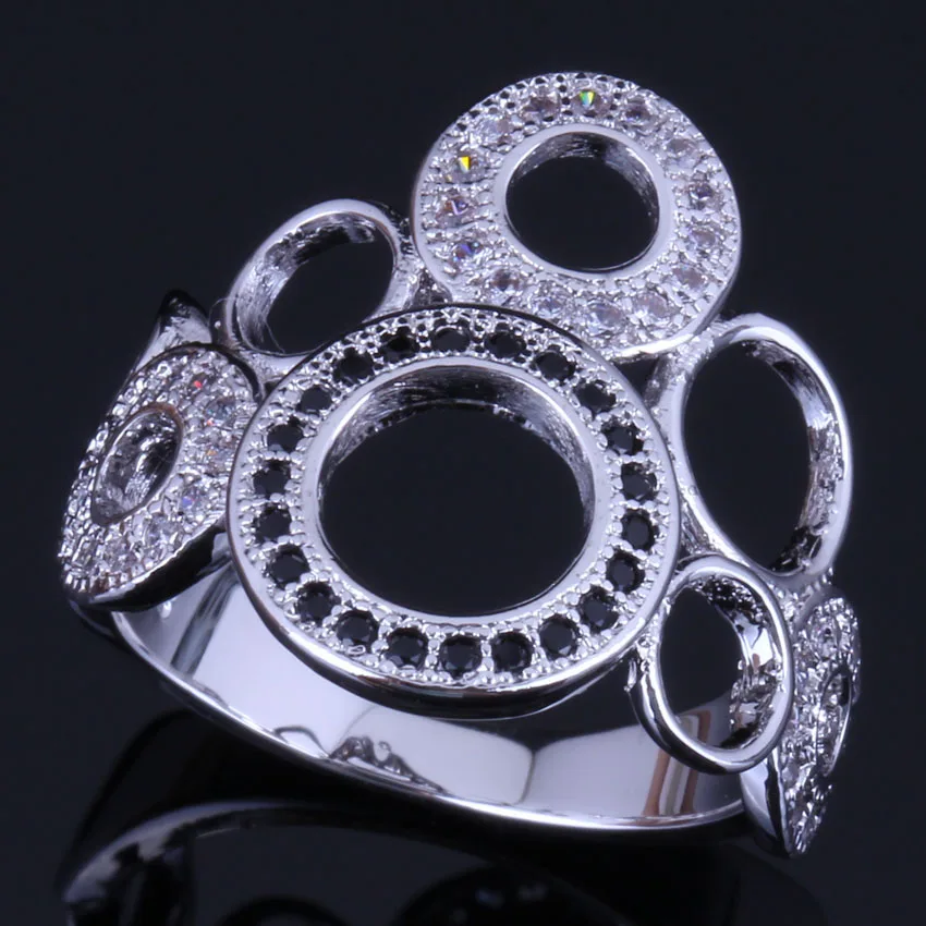 

Wonderful Round Black Cubic Zirconia White CZ Silver Plated Ring V0485