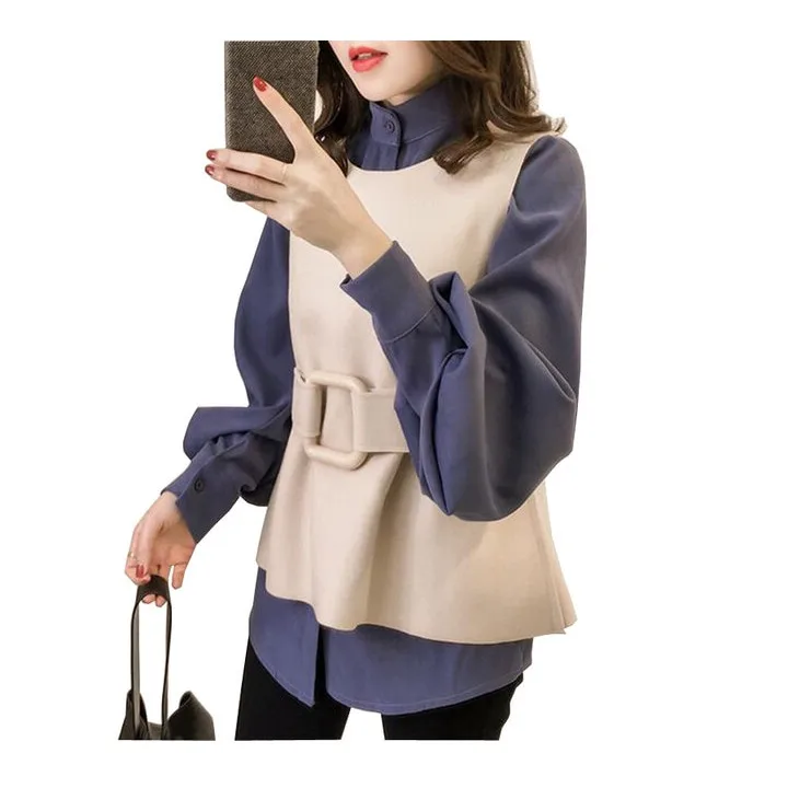 Plus Size New Women Tow Piece Sets Korean Style Sleeveless Vest And Lantern Sleeve Shirt Suits Sashes Casual Loose Outfits | Женская