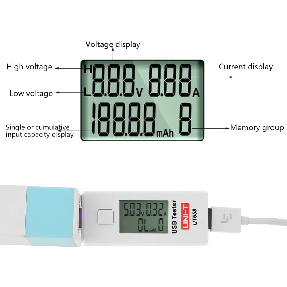 UNI-T UT658 USB цифровой тестеры напряжения тока U диск доктор Вольтметр для зарядного устройства емкость аметр 3-9 В для хранения данных подсветка