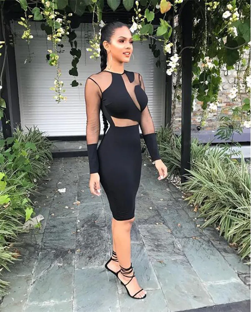 Черное облегающее Бандажное платье 2018 Сексуальное Женское Прозрачное Клубное