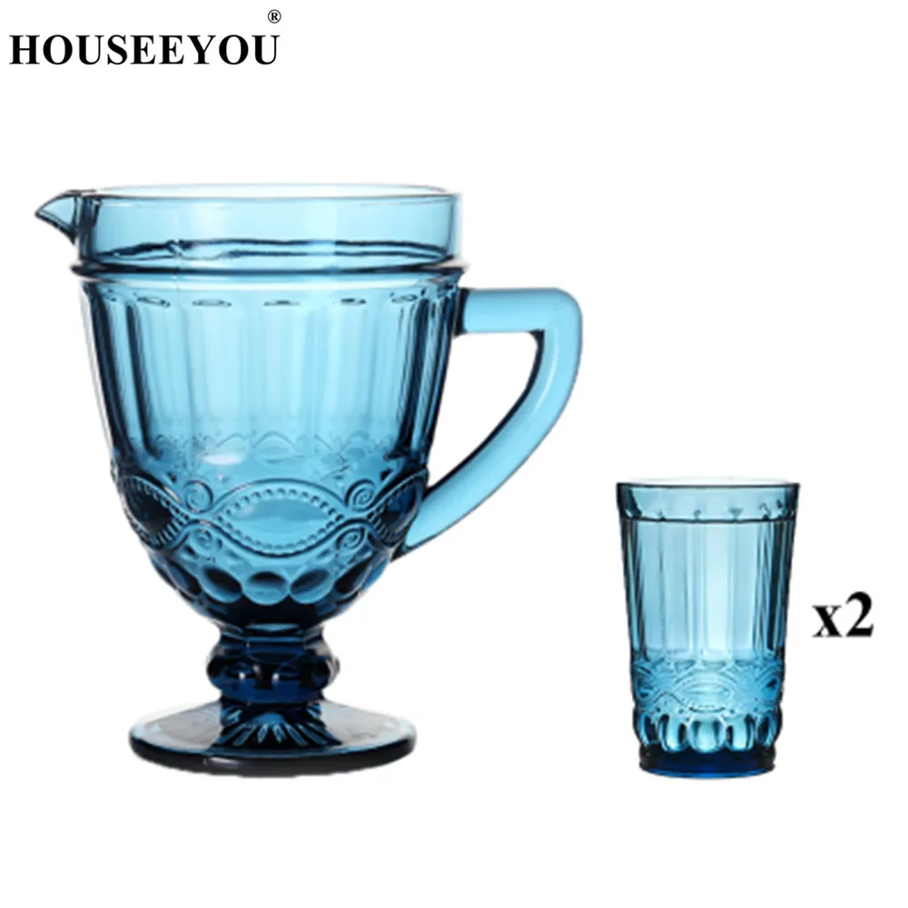 HOUSEEYOU 1 шт. кувшин для холодной воды+ 2 шт. резная стеклянная чашка Европейский ретро хрустальный дизайн стаканчик для воды и вина для питья Бар Ресторан инструменты - Цвет: Blue Floral