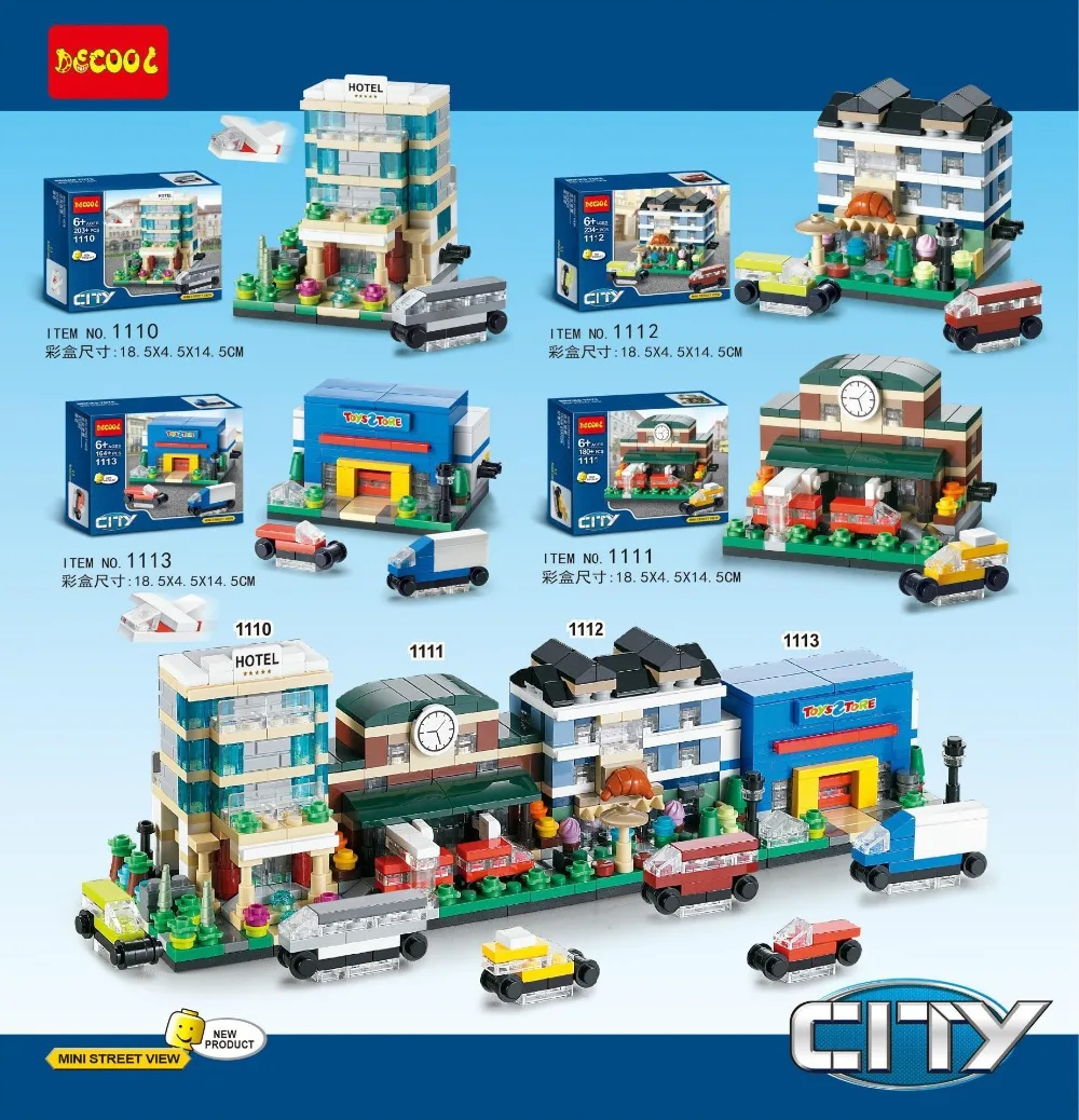 Nuevo 4 unids/lote decool 1110 1113 city mini street view hotel/estacion de tren строительные блоки sitemas del juguetes|building