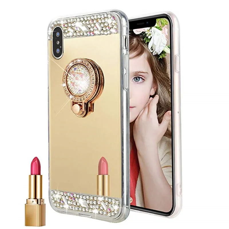 3D зеркальные чехлы для телефонов чехол iphone X XR XS Max блестящее кольцо со стразами