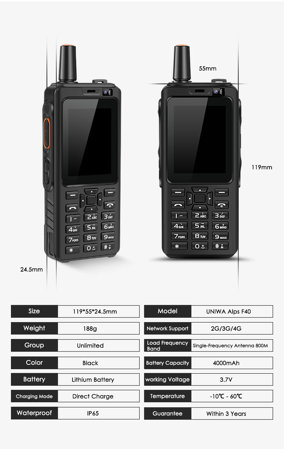 UNIWA Alps F40 Zello рация мобильный телефон IP65 Водонепроницаемый 2," сенсорный экран LTE MTK6737M четырехъядерный 1 Гб+ 8 Гб Смартфон