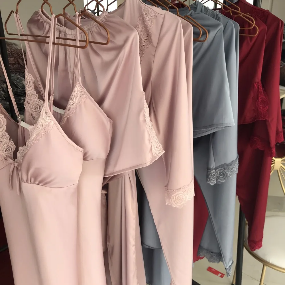 

Fdfklak Home Clothes For Women Pajamas Sexy Pijama Faux Silk Pyjama Femme Night Suit Spring Summer 4 Pieces Sleepwear Set Q1270