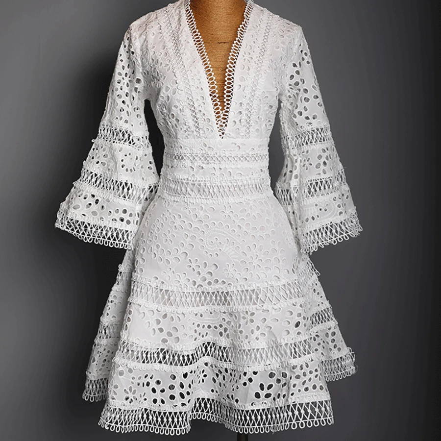 1 Дизайнерское осеннее Новое Женское платье Vestidos с расклешенными рукавами, однотонное белое платье с глубоким v-образным вырезом, праздничное Сексуальное Женское Платье - Цвет: 1