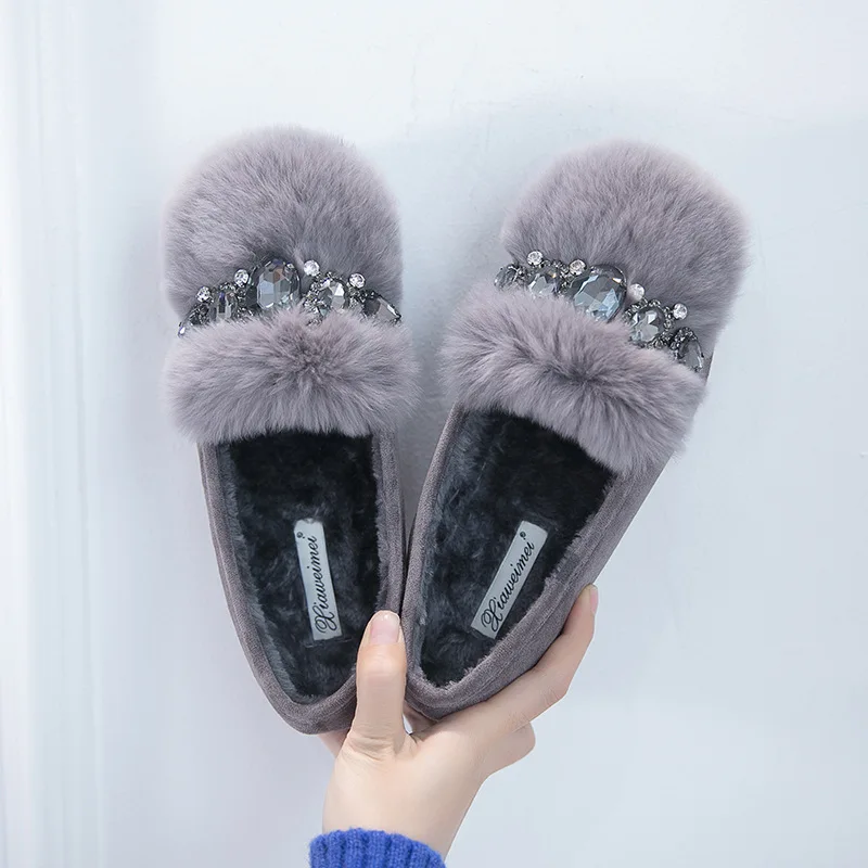 Мюли женские зимние на плоской подошве теплые Мокасины с кристаллами без