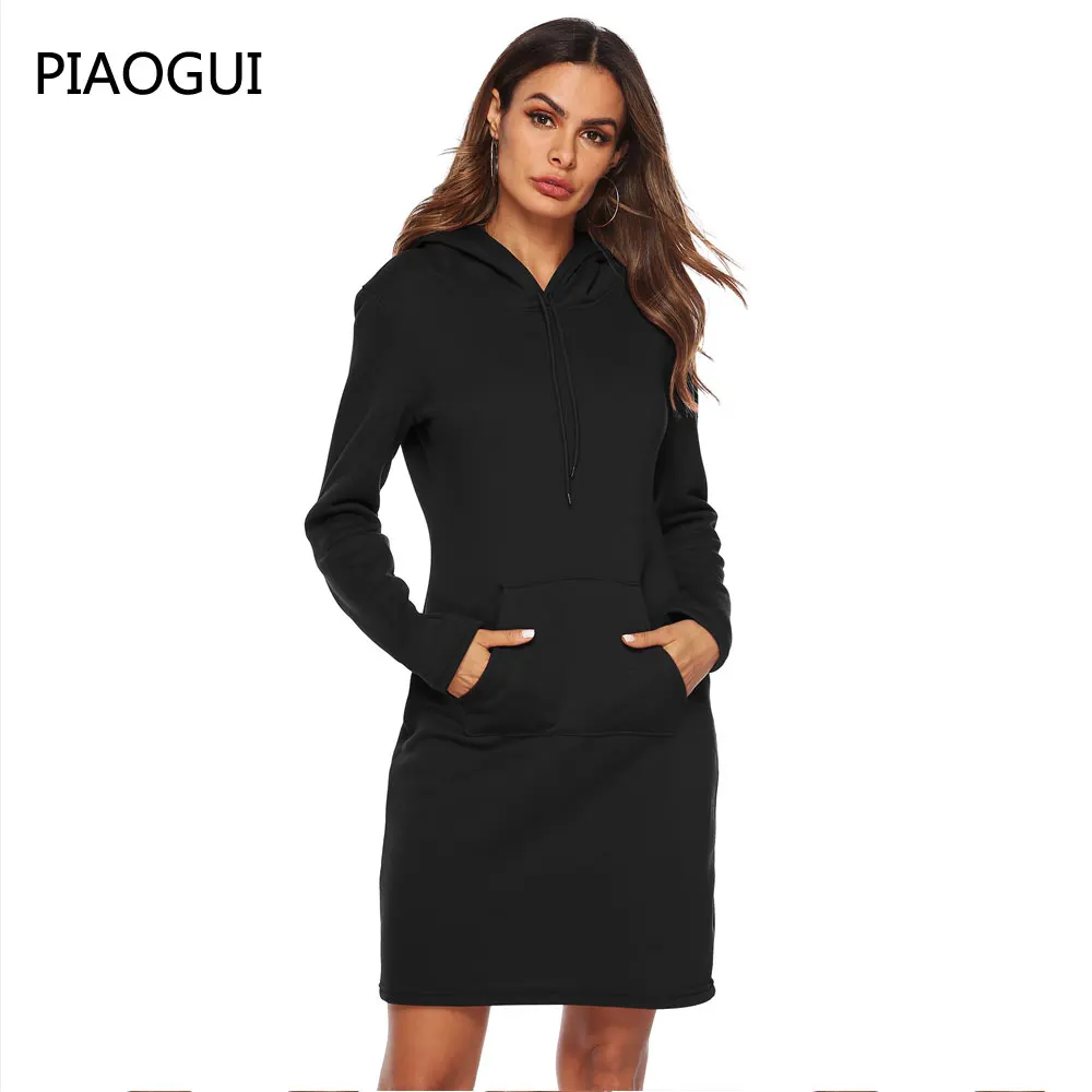 Женская толстовка с капюшоном платье Повседневная длинным рукавом однотонный