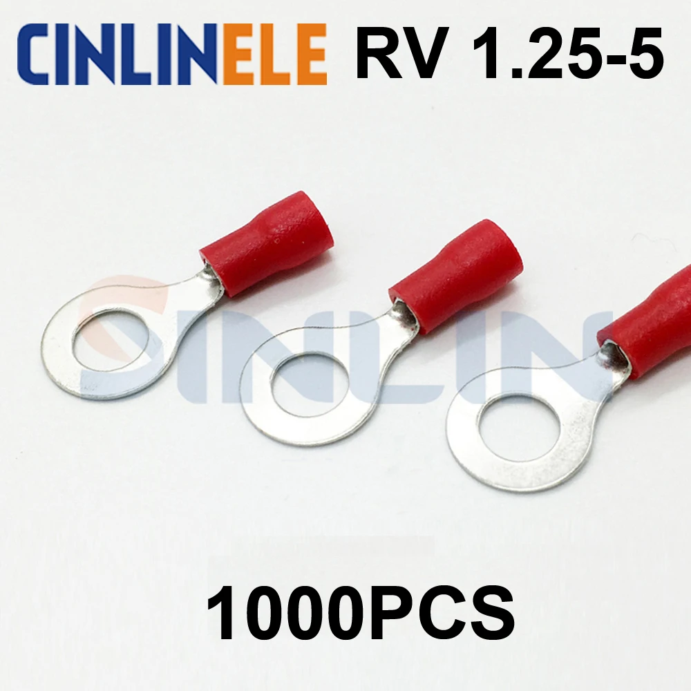 

1000 шт. обжимные клеммы, RV1.25-5 22-16AWG 0,25-1,65 мм ^ 2 обжимные клеммы, клеммы с красным кольцом, латунные RV1-5