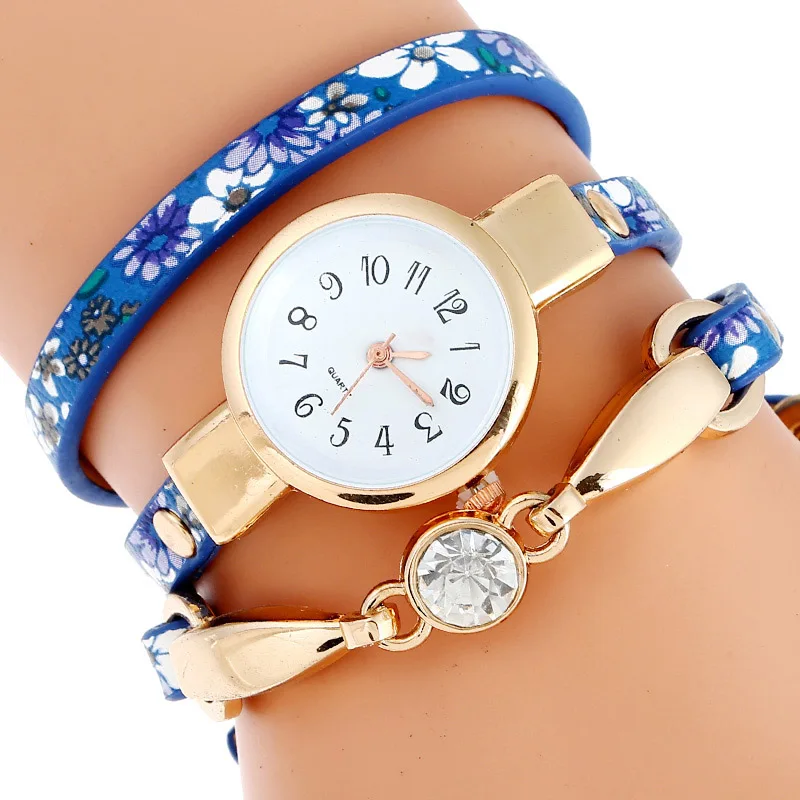 Женские наручные часы Gnova A960 платиновые кварцевые с цветочным принтом и ремешком