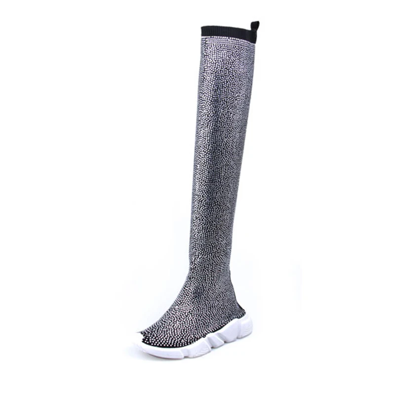 

Fashion Women Knitting Sock Boots Sport Flat Handmade Fall Winter Rhinestones Sneaker Women Air Brand Thigh High Women Boots