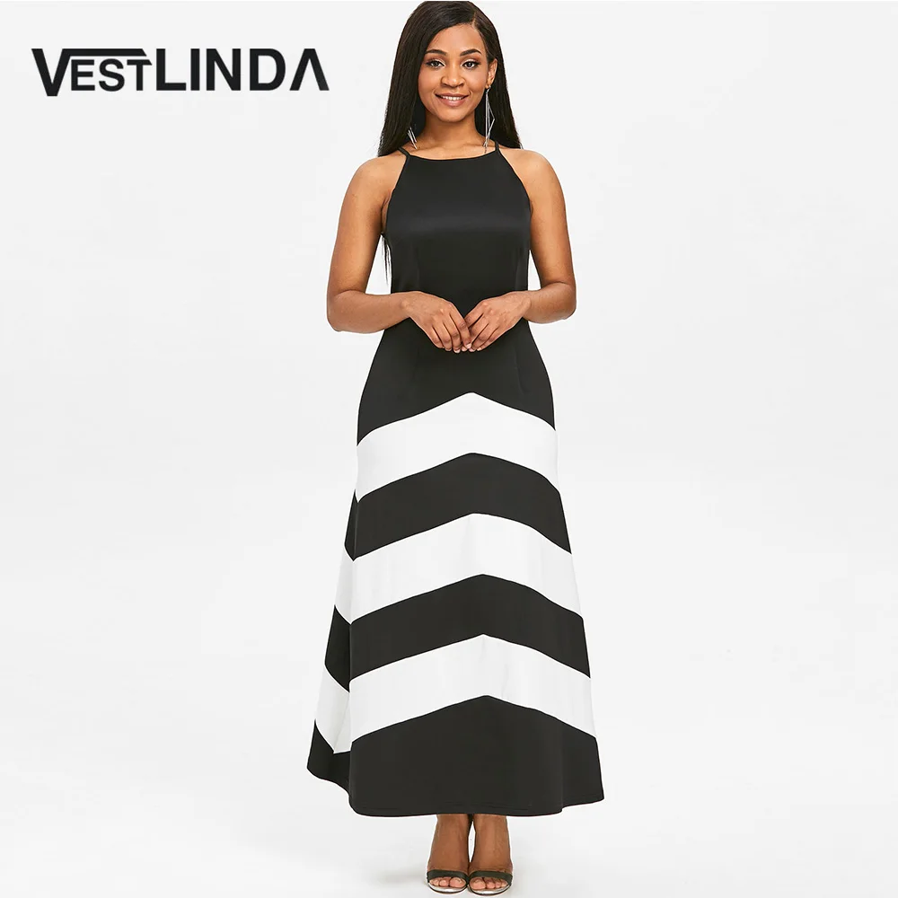 Женское платье в черно белую полоску VESTLINDA Повседневное макси без рукавов лето
