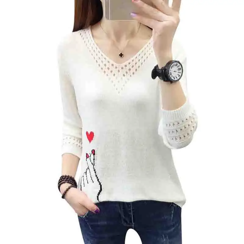 Выдолбленный вязаный свитер женский с длинным рукавом v-образным вырезом вышитый
