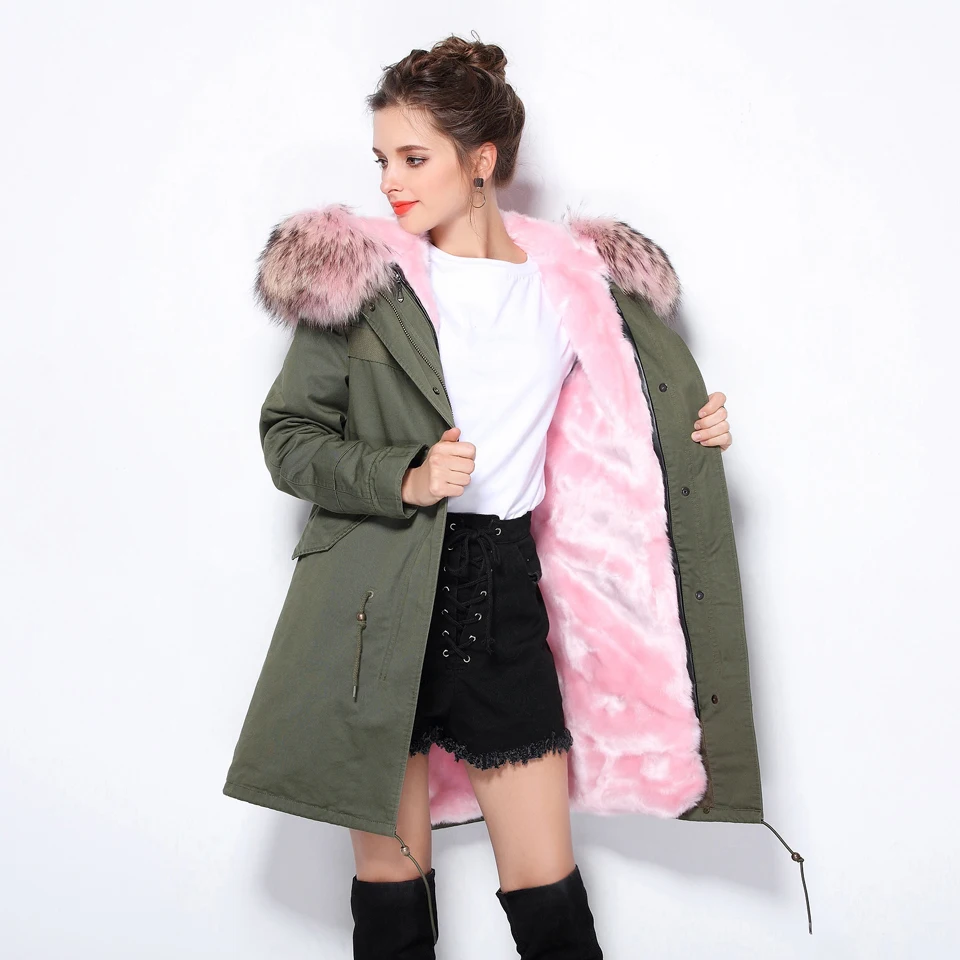 Женское зимнее пальто Furlove армейское зеленое плотное с капюшоном и воротником из