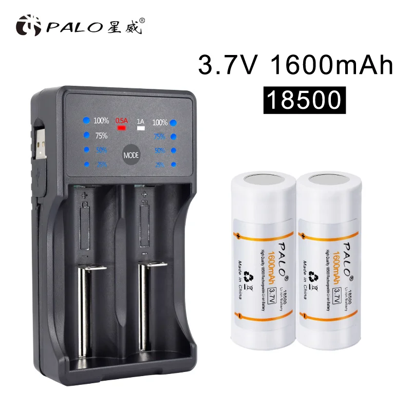 PALO 18500 батарея 3,7 V 1600mAh литиевая аккумуляторная батарея 18500 с USB умным зарядным устройством для 18500 16350 14500 18650 батарея - Цвет: 1 charger 2 battery