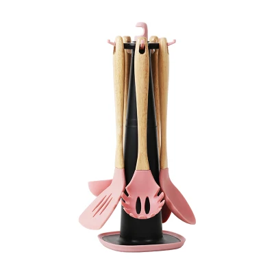 Pink Set With Holder 5 шт./компл. Силиконовые Тернер половник ложка шпатель скребок серверного вращающийся держатель Пособия по кулинарии посуда для выпечки Инструменты - Цвет: Pink Set With Holder