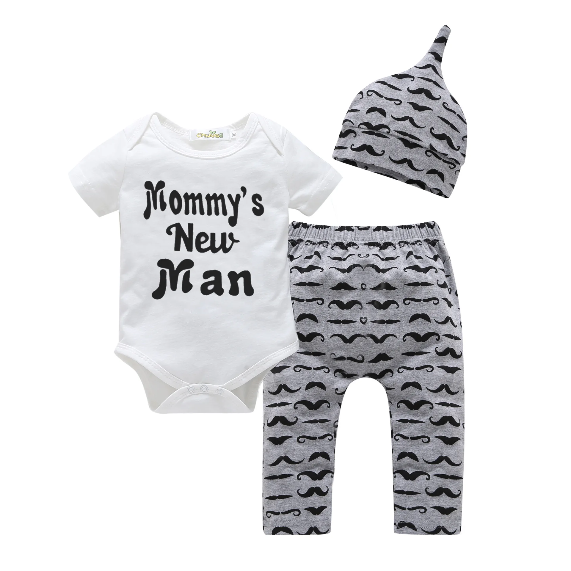 3PCS Newborn Baby Clothing Set Letter Bodysuit+Stripe Pants+Hat Outfits Clothes Mommy's New Man Boys 0-18M |