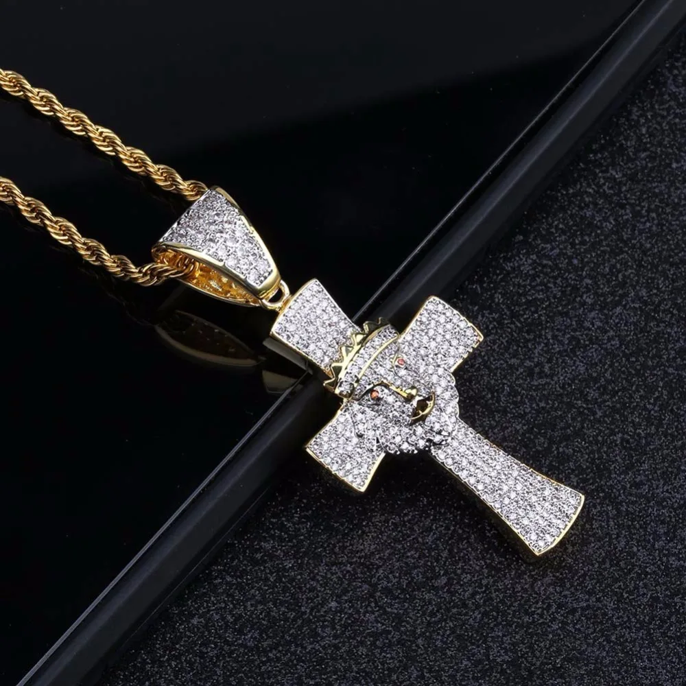 Хип-хоп раппер микро AAA+ CZ ледяной выход Bling Золотая Корона Лев крест кулоны ожерелья для мужчин's Signet ювелирные изделия