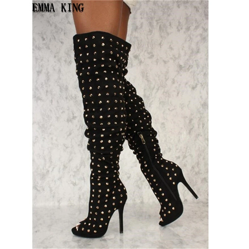 Женские высокие сапоги с заклепками привлекательные Сапоги выше колена открытым