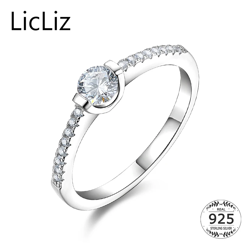 

LicLiz Real 925 Sterling Silver CZ Solitaire Ring Wedding Band Engagement Rings Pave Cubic Zirconia Eternity Rings Women LR0422