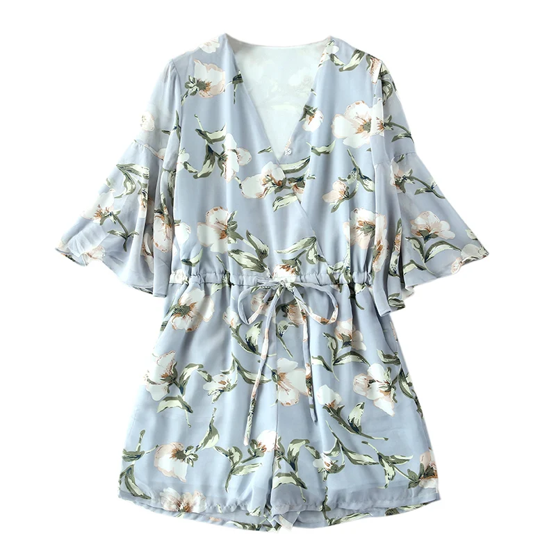 2017 лето женщины цветочный комбинезон с v образным вырезом и талии шнурком|womens floral