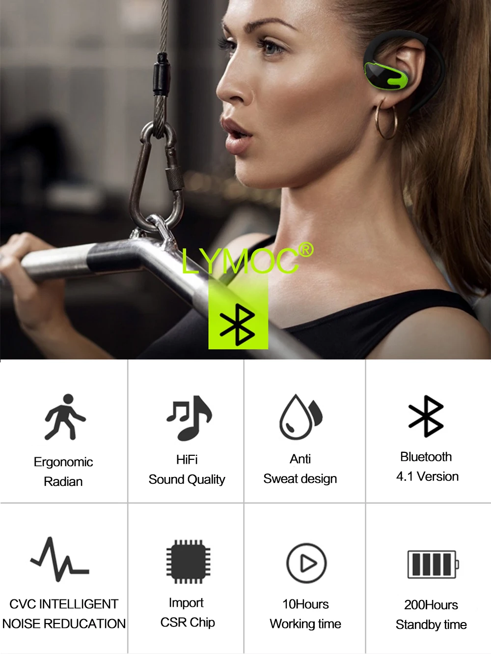 UPGRADE LYMOC, Спортивная bluetooth-гарнитура с шейным ободком, 10 часов времени, свободные руки, беспроводные наушники, стерео наушники для iPhone, XiaoMi, huawei