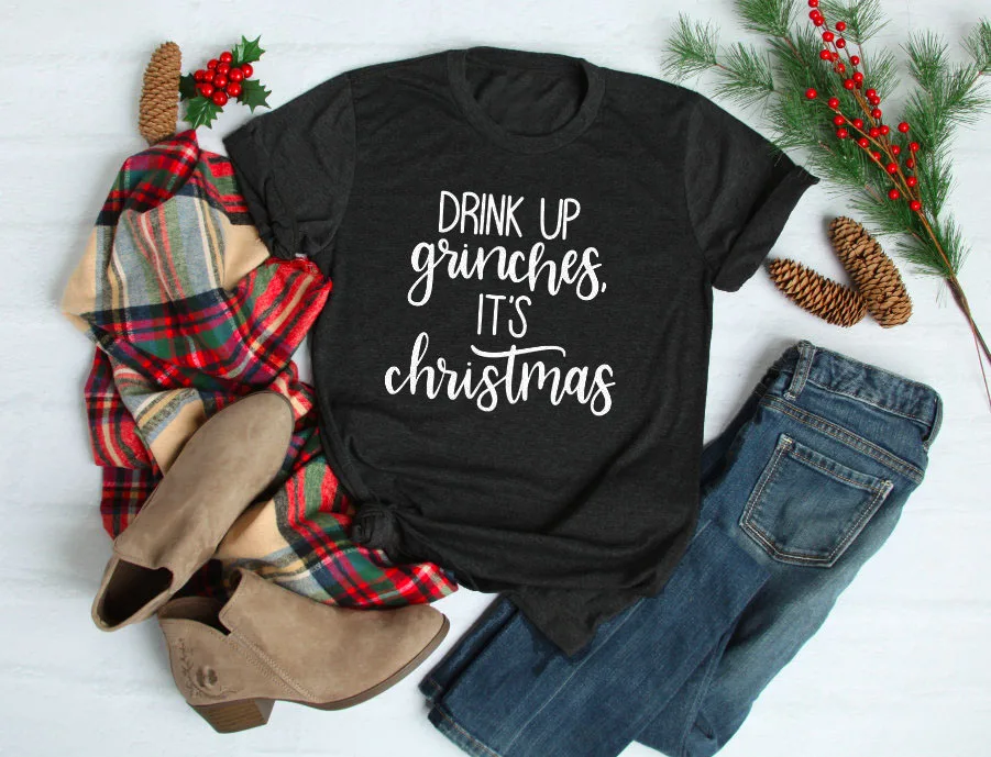 Skuggnas Drink Up Grinches новогодние майки для женщин подарок вечерние забавные tumblr Графические футболки эстетическое harajuku grunge Топы - Цвет: D1643 black