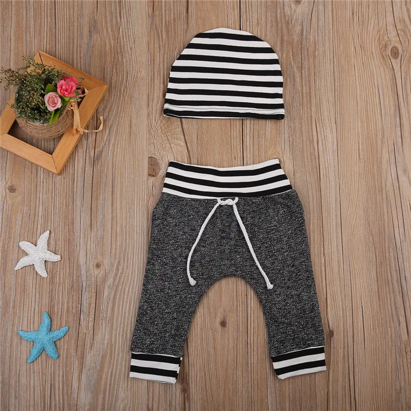 2PCS Toddler Newborn Infant Baby Girl Boy Outfit Cotton Striped Pants + Caps Fashion Clothes Outfits For Boys | Детская одежда и