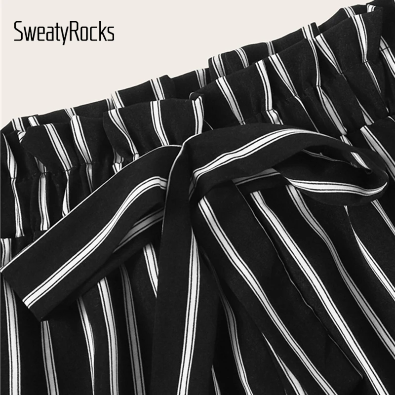 SweatyRocks, черные шорты с высокой талией, украшенные бантом, полосатые шорты для женщин, уличная одежда, широкие брюки,, повседневные шорты для женщин, летние шорты