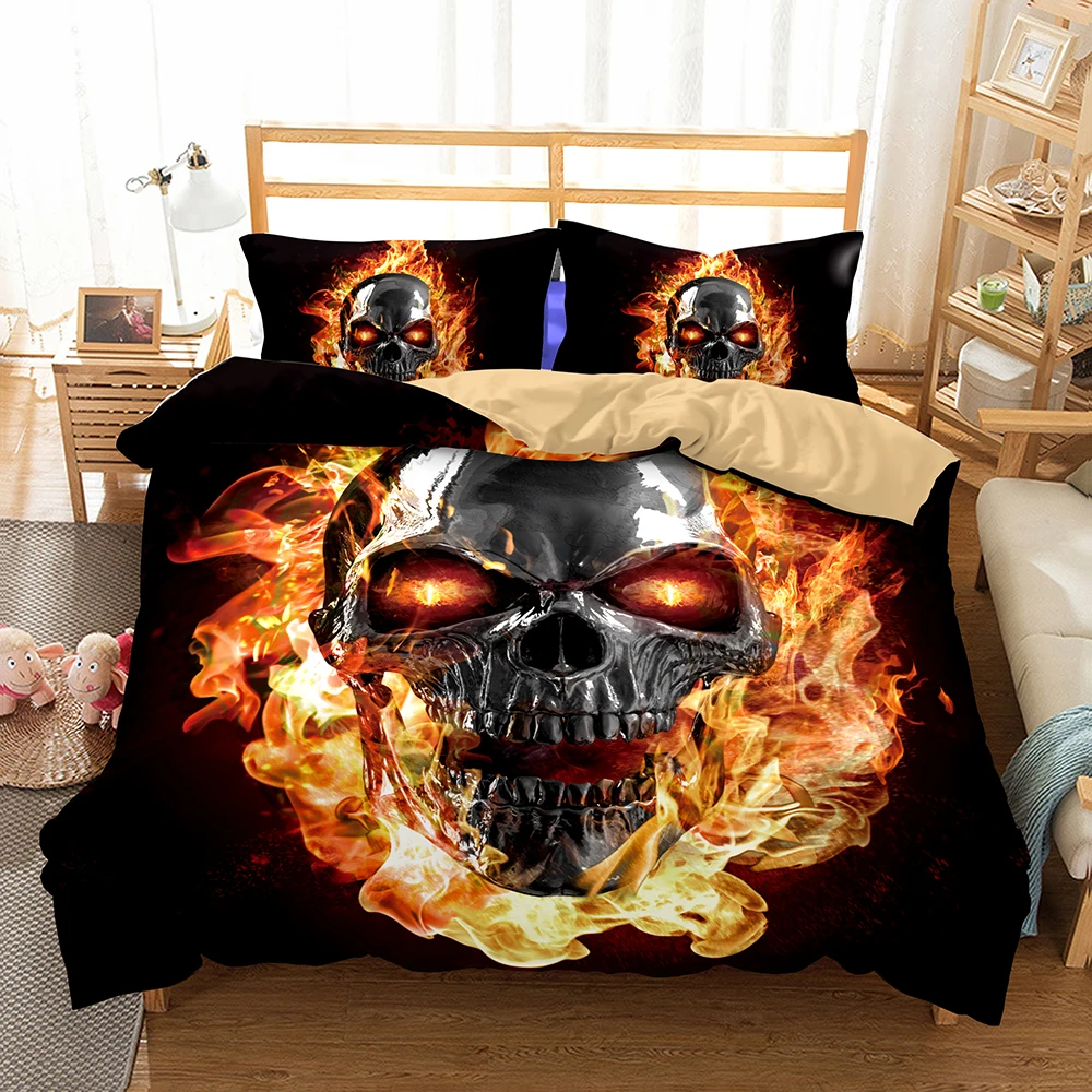 

3D Duvet Cover Pillowcases flame Skull Bedding Set Au Queen King Size Flower Soft Bed Covers Dropshipping