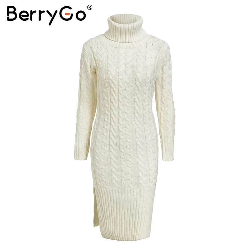 Creamy white BerryGo водолазка Сплит свободный свитер платье длинное белое вязаное Женское зимнее платье трикотаж для осени уличная одежда женское платье - Цвет: Creamy white